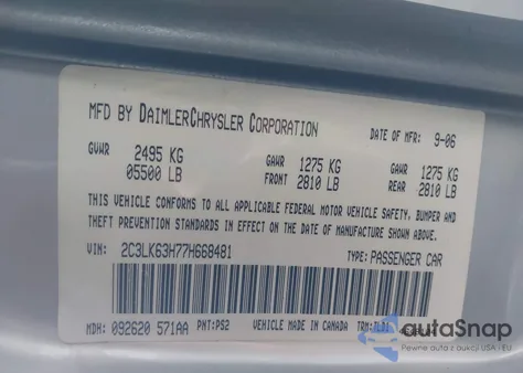 2007 Chrysler 300C from USA, damaged, VIN 2C3LK63H77H668481